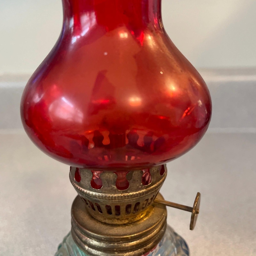 Pair of Vintage Mini Glass Oil Lamps Red Cranberry Chimney Hand Painted Pair - Picture 9 of 13